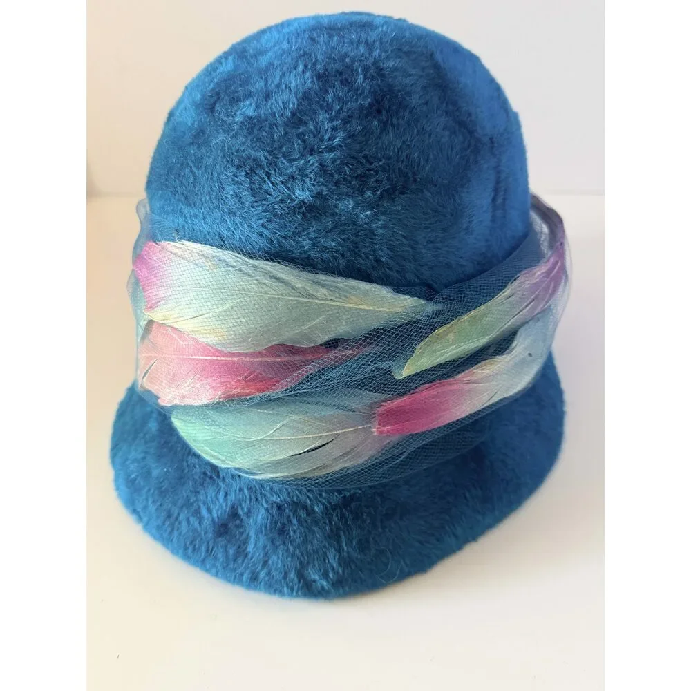 Vintage Christian Dior Chapeaux Turquoise Cloche Hat | Feather Trim Designer Ha